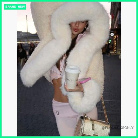 Faux Fur Hooded Cropped Jacket with Pockets Winter Outerwear - Picture 3 of 7